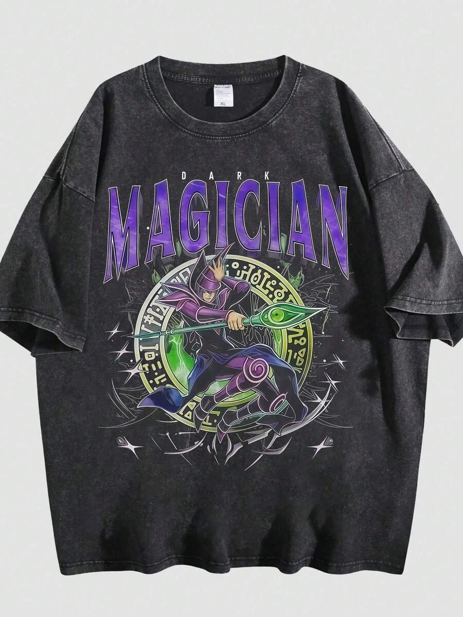 Washed T-Shirt Dark Magician Graphic Print Tee - Comfort Casual Top For Men & Women - 黑色 - 查看 1