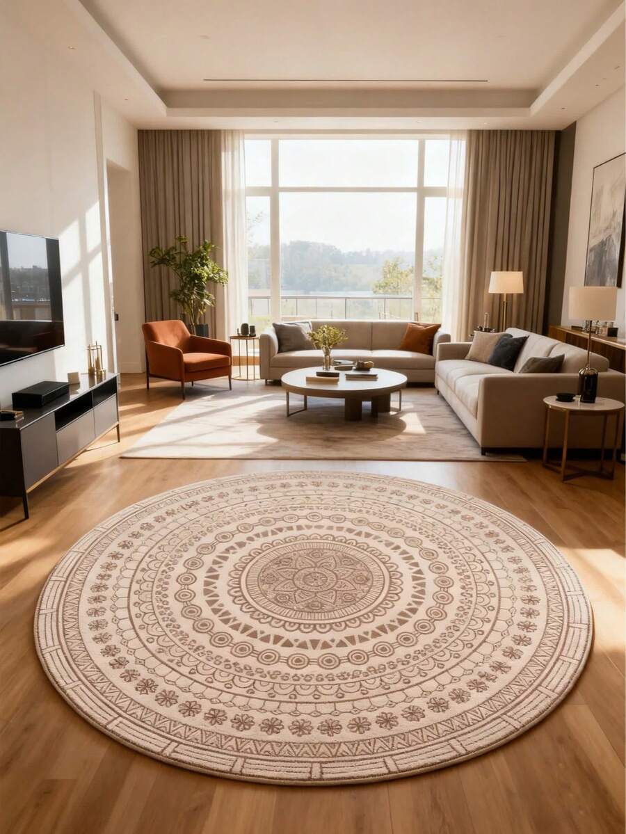 1pc Cream Geometric Round Rug, Deluxe Velvet, Thickened Carpet, Thick Carpet, Plush Carpet, Autumn/Winter Carpet, Decorative Carpet, Bedroom Decor, Small Rug, Carpet, Home Decor, Living Room Carpet, Small Living Room Rug, Bedroom Rug, Living Room Home Decor, Outdoor Rug, Washable Carpet - Multicolor - View 1