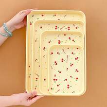 1/4Pcs Multifunctional Cherry Pattern Rectangular Plastic Serving Tray, Reusable Dinner Tray For Food, Snack, Dessert, Fruit, Large Capacity Stackable Storage Tray, Tea Tray, Serving Plate, Suitable For Student And Adult Use In Home, Kitchen, Dorm, Office, Rrestaurant, Picnic - Multicolor - View 8