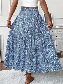Women's Long Ditsy Floral Skirt, Casual Elastic Waist With Pockets, Ruffle Hem, A-Line Skirt For Summer Vacation - 藍色 - 查看 3