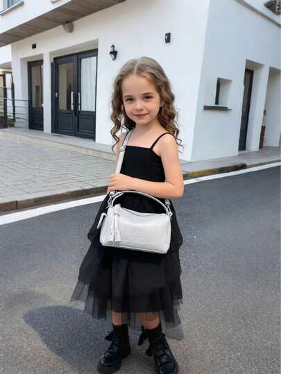 1pc Girls' Solid Color PU Zipper Closure Fashionable Bucket Bag, Handbag & Shoulder Bag, Suitable For All Seasons Daily Use