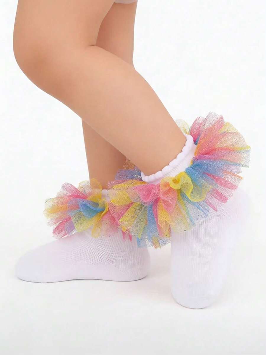 1 par de calcetines con volantes de colores arcoíris para niñas/niños, calcetines con ribete de encaje de princesa para bebé - Multicolor - Ver 1