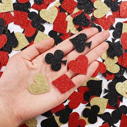 100pcs Las Vegas Nighttime Glitter Multicolor Confetti Set - Red, Black And Gold Heart-Shaped Paper Decorations, Reusable Party Theme Table Scatters, Party Decorations