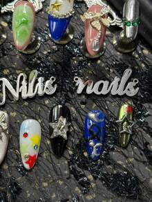 10pcs Almonds Nail Acrylic Kit, Black, Pink, Blue And Other Colors Of Nails, Blue French Nails, Silver Cat Eyes, Hand-Painted White, Green, Red And Other Colors Of Pentagram Patterns&Asymmetrical Black Lines And Geometric Patterns, 3D Metal Starfish&Metal Bow&Metal Butterfly&Hollow Pentagram Green Rhinestones And Other Nail Accessories - Multicolor - View 6