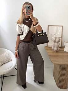 Áo len dệt kim họa tiết Argyle mới năm 2026, áo dệt kim tay ngắn cổ tròn dành cho nữ, kiểu dáng thanh lịch, thoải mái, thích hợp mặc hàng ngày vào mùa xuân. - màu nâu - Xem 8