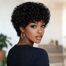 Short Pixie Cut Wig Human Hair Wig Afro Kinky Curly Bob Style With Bangs For Women - Multicolor - View 3