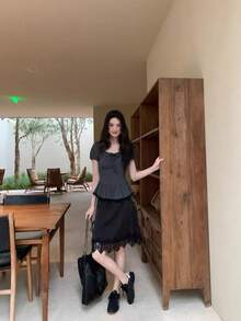 荷叶边拼接波点短袖衬衫，优雅修身纯色夏季女式上衣 - 灰色 - 查看 9