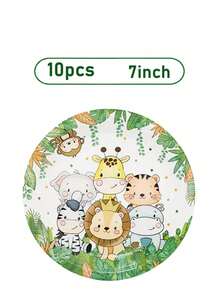 Juego de 50 piezas de vajilla desechable con animales de la jungla lindos, platos de papel, vasos y servilletas con estampado de león, jirafa, tigre y elefante de dibujos animados, vajilla desechable para niños, safari, cumpleaños, baby shower, sirve para 10 invitados, decoración y suministros para fiesta con tema de animales de la jungla - Multicolor - Ver 3