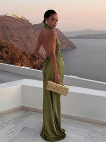 Basrey Green Solid Color Tie-Waist Backless Mid-Length Evening Dress, Suitable For Formal Banquets, Weddings, Parties And Dates Party - Green - View 2