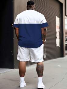 Men's Street Casual Sports Set - "Minimalist Contrast Color Matching BALANCE Plaid" Pattern Design, Polyester Knit Fabric, Round Neck, Drawstring Shorts, Pockets, Regular Fit, Suitable For Plus Size - Dusty Blue - View 3