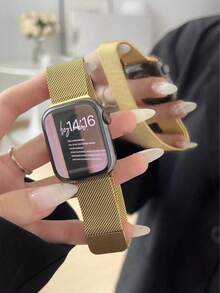 1PC Women Gold Milanese Loop Watch Strap Compatible With Apple Watch 46mm 49mm 40mm 44mm 45mm 41mm 42mm 38mm, Magnetic Stainless Steel Luxury Metal Bracelet Watch Band Compatible With Apple Watch Series 11 10 9 8 7 SE 6 5 4 3 2 1 Ultra 3/2/1, Fashion Smartwatch Accessories Compatible With IWatch S10 S11 - Gold - View 5