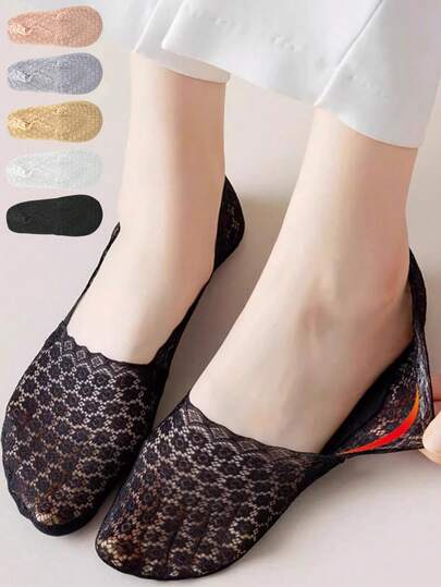 1/5/10 双女士夏季轻薄透气硅胶防滑隐形蕾丝透明时尚休闲袜