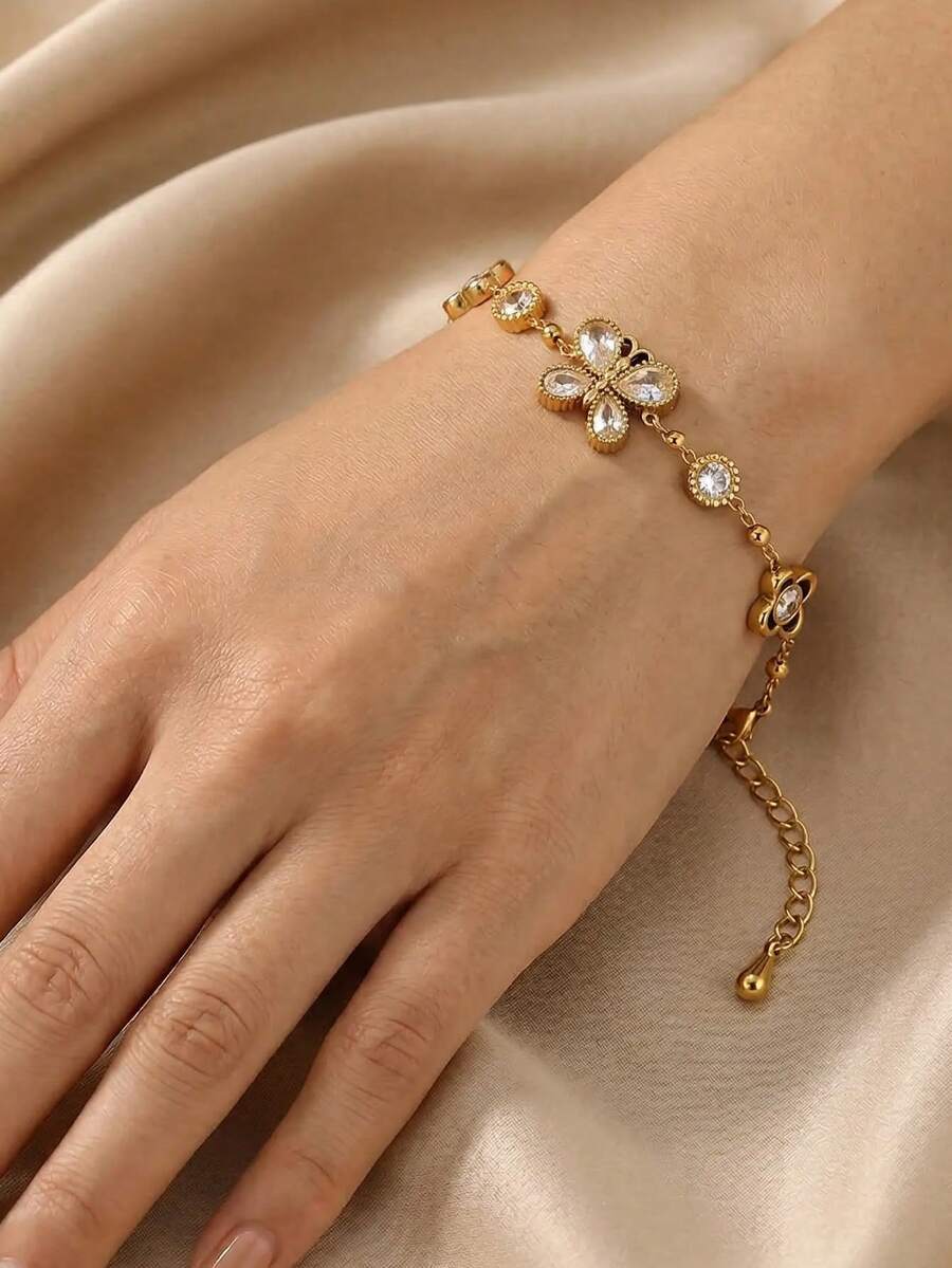 1pc Sophisticated Shiny Stainless Steel Bracelet, Elevate Your Look For Office Days And Social Events, Polished Butterfly & Inlay Profile Adds Luxury To Everyday Wear, Meaningful Gift For Celebrating Milestones And Achievements, Stands Out At Friend Reunions And Colleague Dinner Parties - Gold - View 1