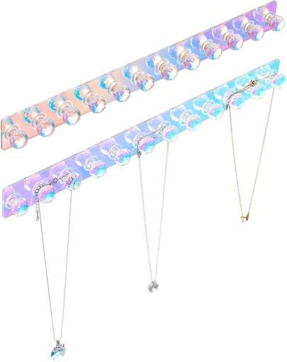 Iridescent Acrylic Necklace Organizer, Wall Mount Jewelry Hanger For Necklaces, Bracelets & Chains, 2-Pack
