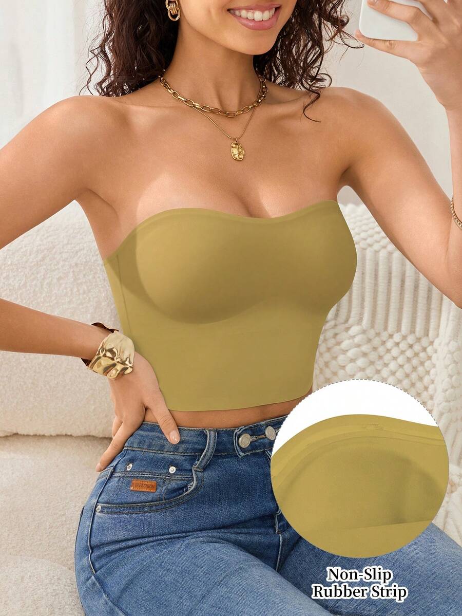 Women's Minimalist Solid Color Breathable Wireless Tube Top Bra - Apricot - View 1