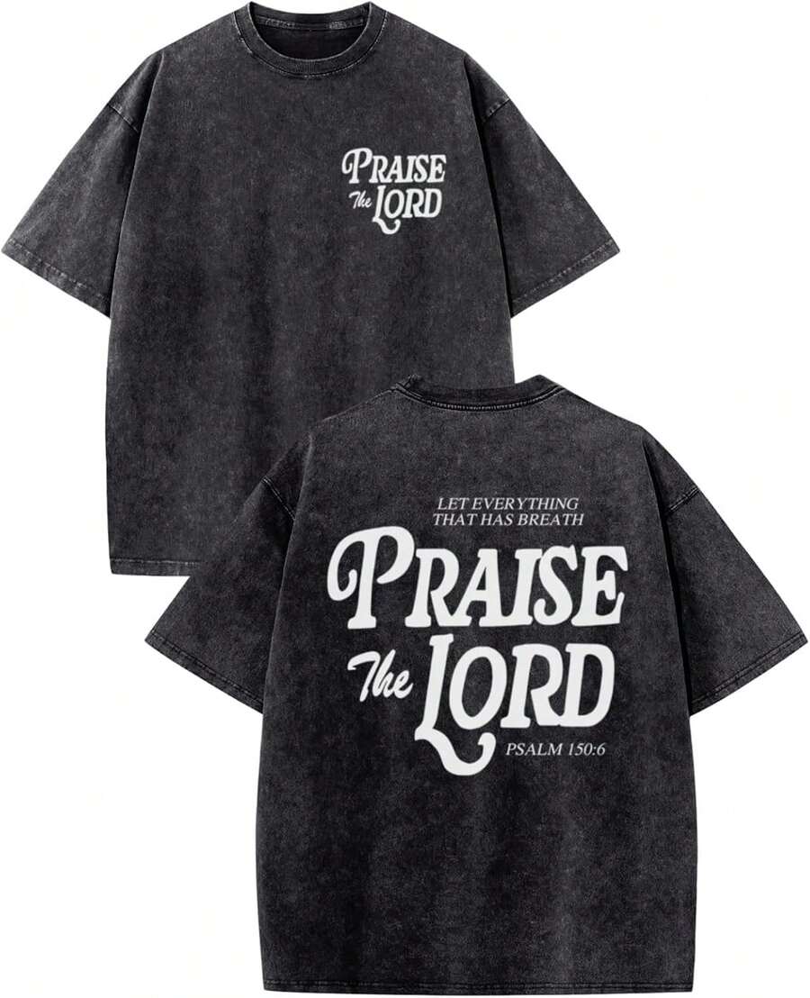 100% Cotton Christian Jesus Shirts For Men Religious Praise The Lord Bible Verse Shirt Oversized Graphic Tees Acid Wash Tshirt- Unisex Women's & Men - 黑色 - 查看 1