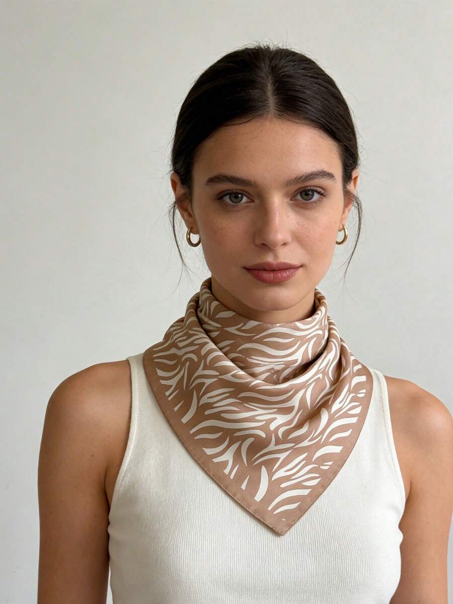 1条90*90厘米方形真丝方巾，女士斜纹真丝韩式简约条纹，可作领巾、头巾、时尚头饰、披肩、围巾 - 彩色 - 查看 1