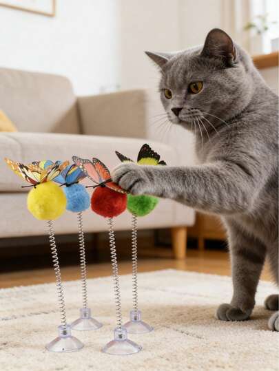 Self-Play Suction Cup Cat Teaser With Spring, Fluffy Pom Pom Interactive Cat Toy For Indoor Cats Kittens, Hands-Free Feline Plaything To Relieve Boredom