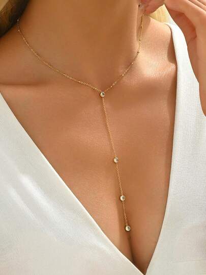 1pc Fashionable Rhinestone Pendant Y-Shaped Necklace, Stainless Steel Minimalist Design Versatile Delicate Jewelry For Girls Daily Party Wear Or Gift Giving