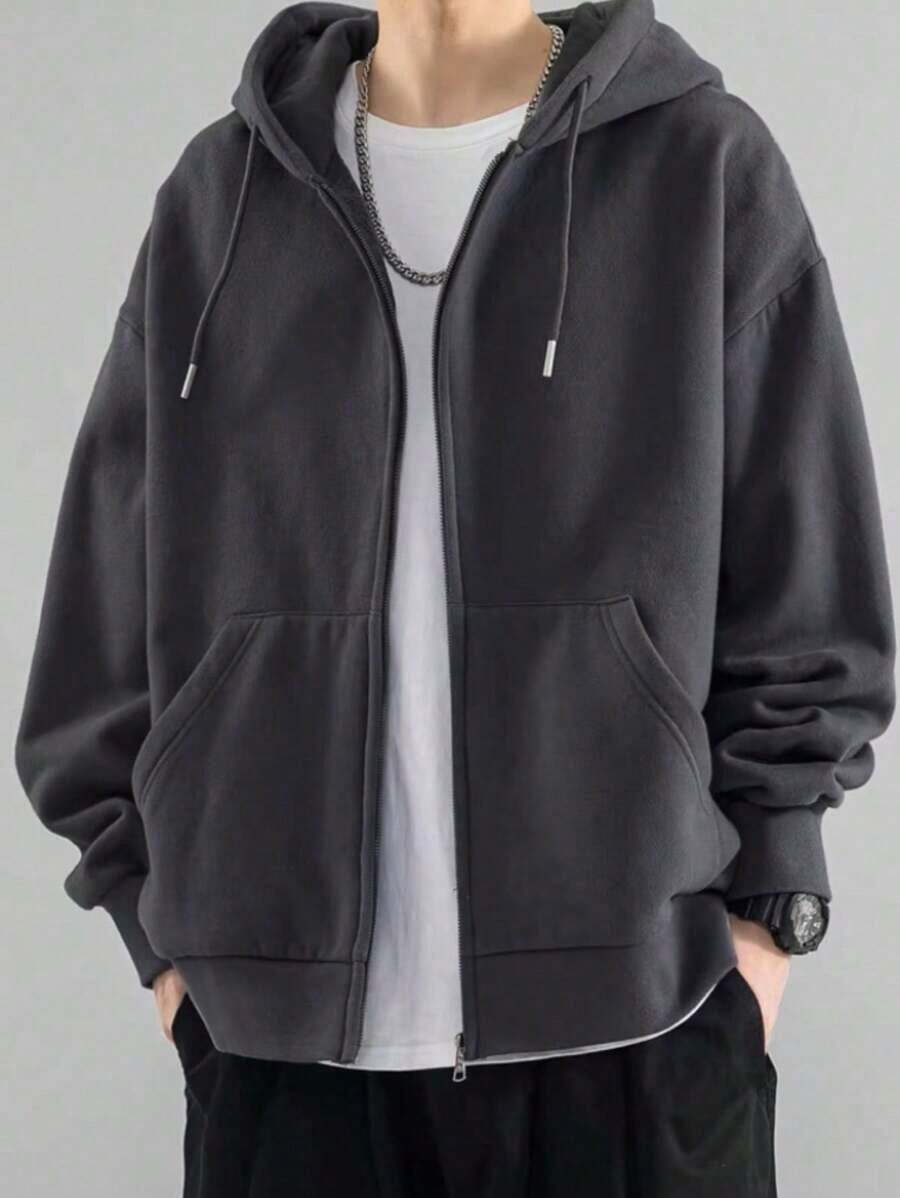 Open-Front Zip-Up Hooded Sweatshirt, Plain Winter Jacket With Front Pocket, Ideal For Cold Days. - Gris Oscuro - Ver 1