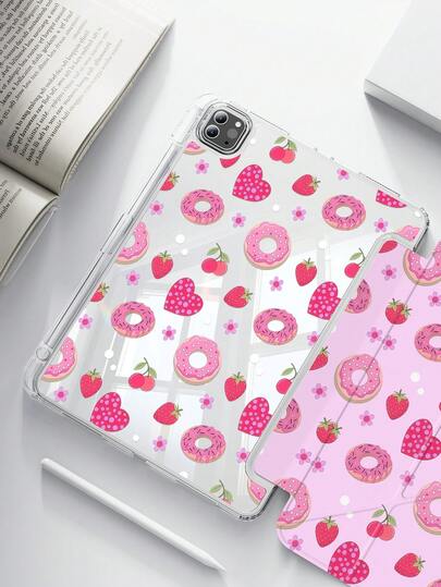 一款可爱的卡通草莓爱心甜甜圈图案亚克力透明水晶后盖，防震，适用于iPad 7、8、10代（10.2英寸），内置笔槽，支持睡眠/唤醒功能，是理想的礼物之选。
