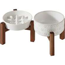 Ceramic Raised Slow Feeder Dog Bowl Set With Acacia Wood Stand - 2 x 白色 + 支架 - C - 查看 1