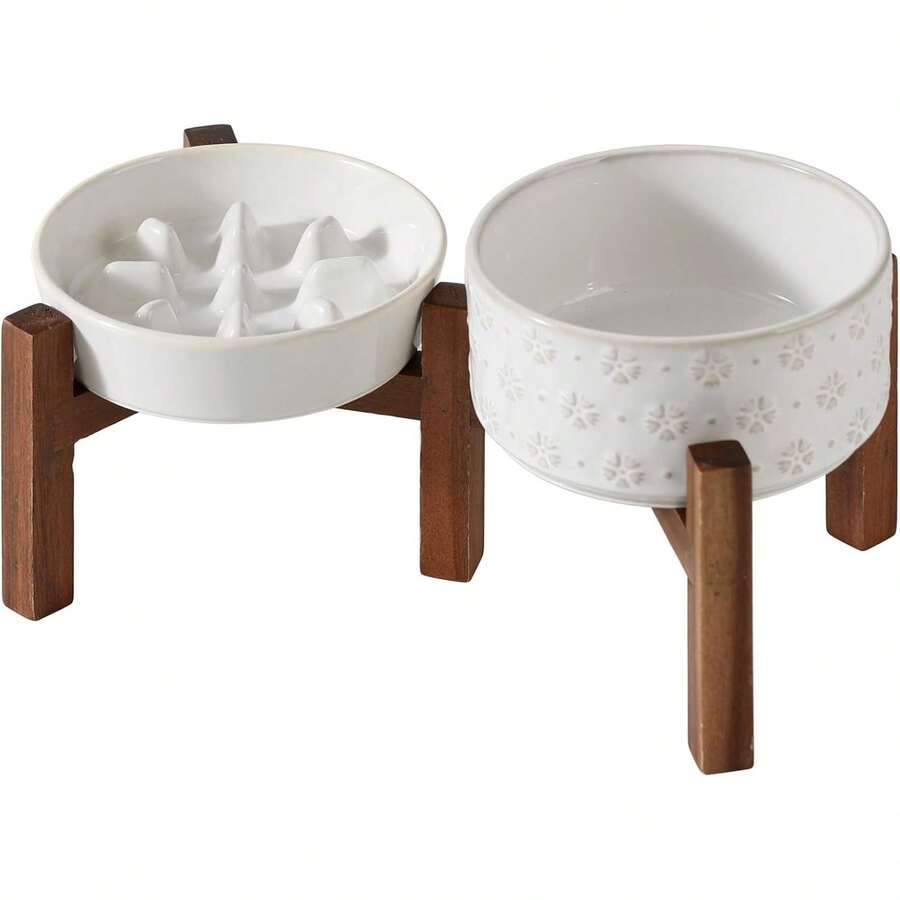 Ceramic Raised Slow Feeder Dog Bowl Set With Acacia Wood Stand - 2 x 白色 + 支架 - C - 查看 1