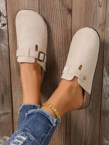 2026春夏新款女士套脚凉鞋，舒适时尚，米色织物鞋面，金属搭扣装饰，圆头，低跟，防滑橡胶鞋底，时尚金属搭扣套脚穆勒凉鞋，女士绒面革木屐凉鞋，配有柔软软木鞋垫 - 米色 - 查看 6