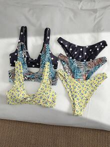 女士优雅印花扭结肩带比基尼泳衣套装，甜美风格，性感优雅，春夏海滩度假之选 - 彩色 - 查看 3