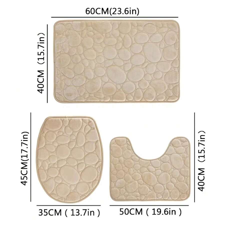 3 unids/set Color sólido baño Simple absorbente de agua y alfombrilla antideslizante patrón de piedra, cómodo y suave, juego de tres piezas - Caqui - Ver 1