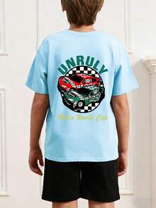 Camiseta de manga corta con estampado gráfico para niños preadolescentes, top casual de verano para estudiantes jóvenes - Celeste - Ver 2