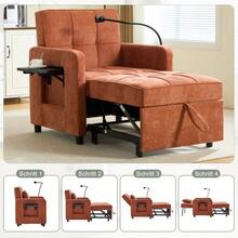Two-In-One Sleeper Chair, Single Sleeper Sofa, Chenille Armchair (With Cushions And Side Pockets), With A Small Table On One Side And A Storage Bag On The Other, Complete - 橘色 - 查看 3