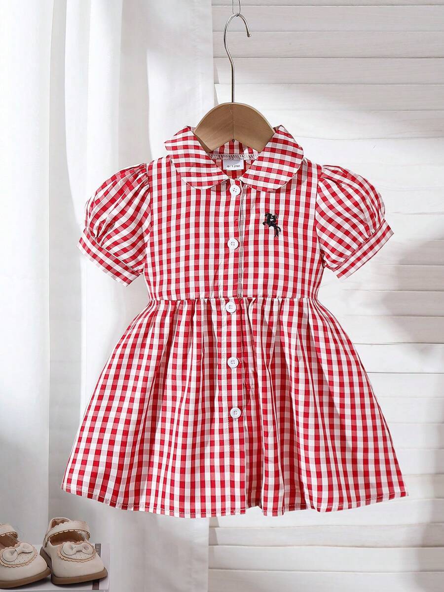 Vestido de manga corta con cuello redondo, estilo colegial, versátil y lindo para salidas de primavera/verano, con bordado y rayas para niñas bebé - Rojo - Ver 1