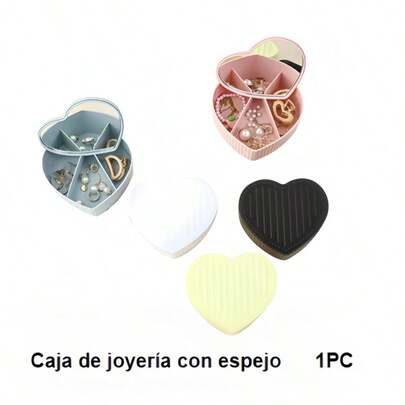 1 opbergdoos met spiegel, draagbaar, hartvormig opbergdoosje, plastic sieradendoosje, sieradenorganisatie, 1 klein spiegeltje met opbergfunctie, geschikt voor studentenkamers, badkamers en toiletten.