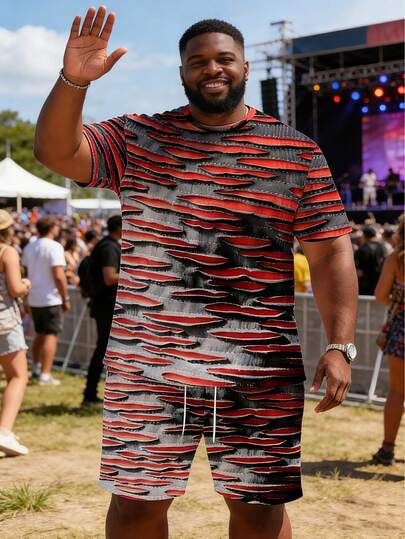 Große Größen Rot & Grau Farbverlauf gestreiftes Kurzarm Shorts Set für Herren, Sommer Lässig Loose Streetwear Kurzarm Shorts Set, Amerikanischer High Street zackiger Streifendruck T-Shirt & Shorts Set für Herren