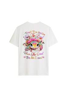 Women's Regular Fit Tee With Cute Sea Turtle And Floral Print, Coastal Style - White - View 4