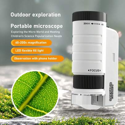 儿童手持显微镜玩具，60倍-200倍放大倍率便携式科学玩具，高清生物观察工具，适用于儿童科学教育、微生物观察和户外探索——非专业显微镜玩具，适合男孩女孩，是圣诞节/新年/节日/复活节/返校季/万圣节/感恩节/儿童节的理想礼物。