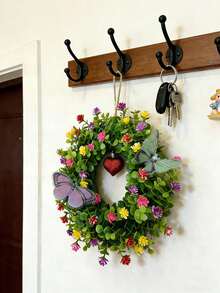 2 piezas Corona floral artificial colorida, decoración colgante rústica de primavera, acentos de mariposa realistas de alta calidad, decoración interior del hogar, regalo del Día de la Madre, suministros de jardinería - Multicolor - Ver 8