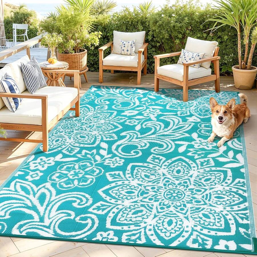 Pauwer Outdoor Rug Waterproof, Reversible Plastic Straw Rug RV Camping Rug, Indoor Outdoor Patio Mat, Outside Carpet For Porch,Deck,Camper,Balcony,Backyard,Picnic - Hoa/Xanh lam - Xem 1