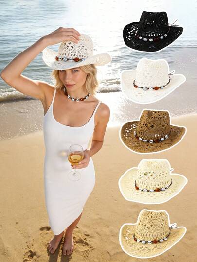 1pc White Hollow Straw Cowboy Hat, Breathable Crochet Weave, Amber Stone & Shell Decor, Wide Brim, Suitable For Beach, Vacation, Music Festival, Fresh And Casual Summer Outfit
