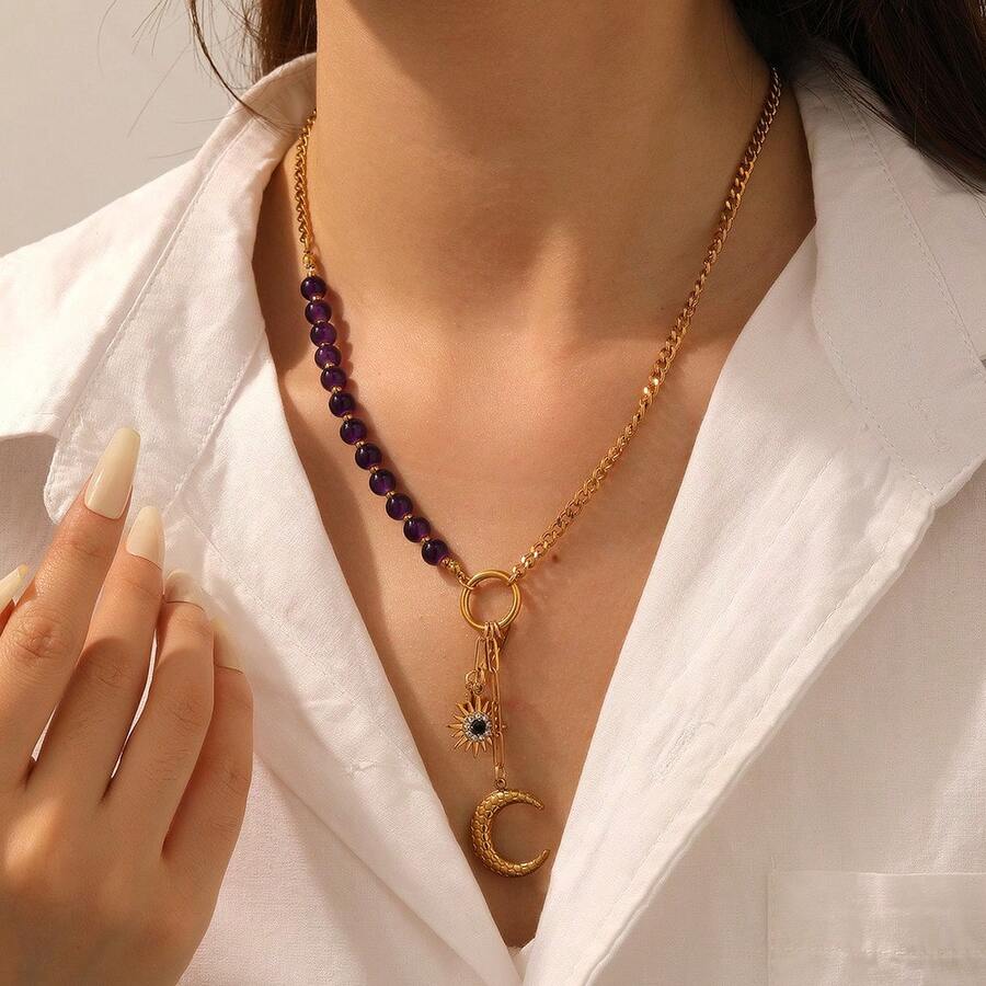 1件波西米亚风格不锈钢串珠项链，配紫色防水水晶和五角星吊坠，适合女性佩戴，18K镀金优雅金色配饰 - 項鍊 - 查看 1