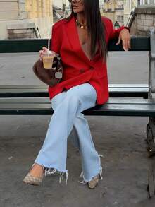 2026春夏红色职业女士西装外套，时尚优雅圣诞新年派对休闲薄款纯色商务双排扣西装夹克 - 紅色 - 查看 6