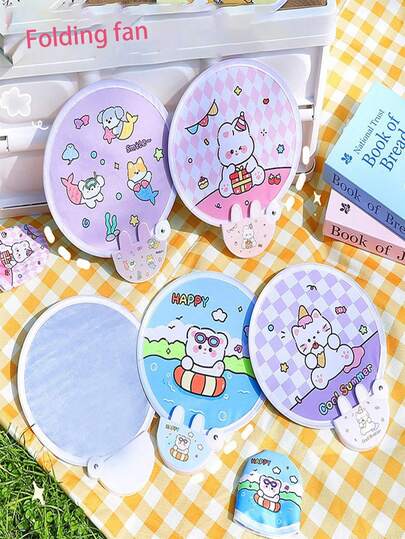 Foldable Hand Fan, Cute Mini Fabric Portable Fan, Festival Gift With Handle, Foldable Round Fan, Portable, Cartoon Fan, Cute Small Fan For Spring And Summer, Pocket Accessory With Vertical White Jade Lotus Tassel Pendant, Suitable As Birthday Or Holiday Gift For Girls, Strong Airflow, Cute And Practical