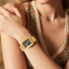 SOKI 新款时尚方形表盘石英女表，适合日常佩戴，生日礼物，返校季礼物，感恩节礼物，情侣礼物，最佳选择 - 金色 - 查看 2