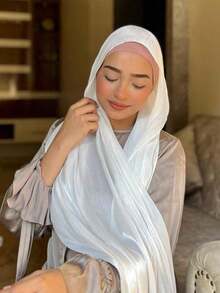 1pc Women Abaya Accessories Solid Color Soft Island Silk Hijab, Conservative Plain Scarf Arab Casual Wear, Daily Use Headband Women - 白色 - 查看 5