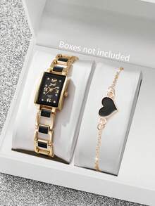 2pcs/Set Women's Gift Watch With Square Dial, Rhinestone Scales, Elegant Quartz Wristwatch + Heart-Shaped Bracelet (Watch Box Not Included) - Black - View 9