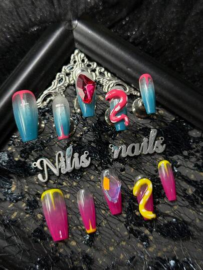 10pcs Long Coffin Type Handmade Women's Wearable Nail Stickers Fully Covered And Reusable Medium Viscosity, Lake Blue&Rose Red Nails, Hand-Painted Rose Red&Bright Yellow Lines, Pink White&Blue White Gradient, 3D Three-Dimensional Ruby, White Large Diamond&Three-Dimensional Red&Yellow Snake Shaped Nail Accessories, Tropical Snake Pattern Style&Y2K Sweet Cool Style, Christmas Nails Suitable For Women And Girls, With 1 Jelly Pad And 1 Nail File