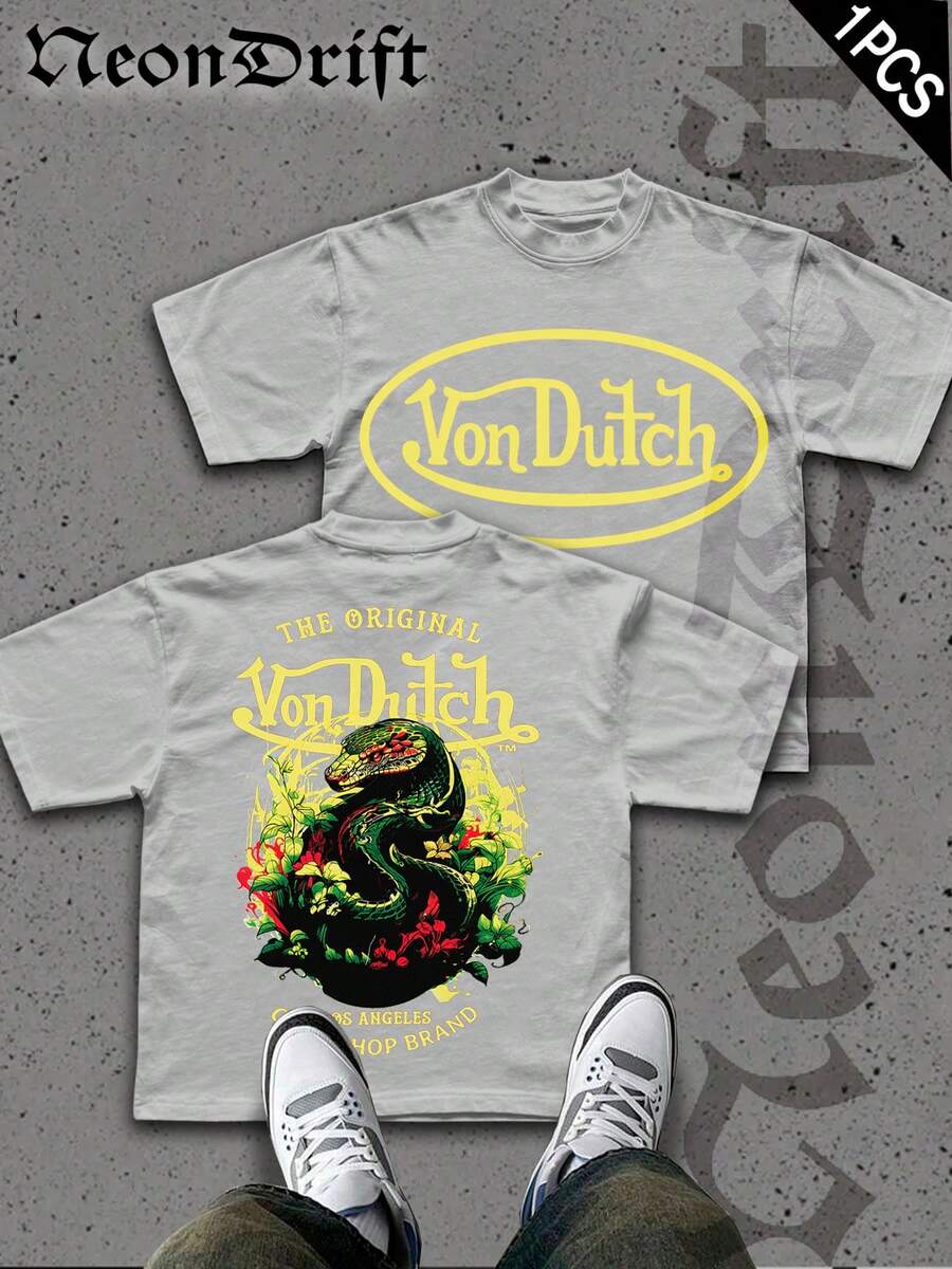 NeonDrift  Double-Sided Printing  Men's T-Shirt Men's Short-Sleeve T-Shirt100% Cotton Fabric Soft & Skin-Friendly Unisex Style Gifts For Spring Festival, Valentine's Day, St. Patrick's Day & World Cup-Van Dutch Dragon Print Men T Shirt Classic Americana Style Graphic Tee Streetwear Fashion Casual Wear For Car Enthusiasts And Vintage Culture Lovers - 淺灰色 - 查看 1