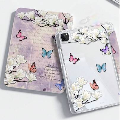 Ốp lưng hai mặt bằng acrylic trong suốt hình bướm và hoa hoạt hình dễ thương, chống sốc, phù hợp với iPad thế hệ thứ 7, 8, 10 (10.2 inch), có khe cắm bút cảm ứng, hỗ trợ chức năng bật/tắt màn hình, là lựa chọn quà tặng lý tưởng.