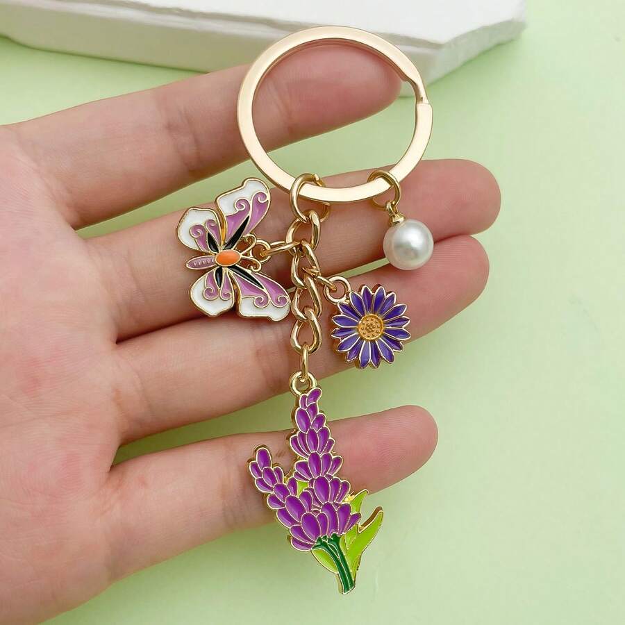 1/5/10/15pcs Set Mini Daisy, Butterfly, Heart & Pearl Keychain Pendant, Mother's Day Bag Charm Party Jewelry Gift - Purple Daisy Pearl Butterfly Pendant (1 Piece) - View 1